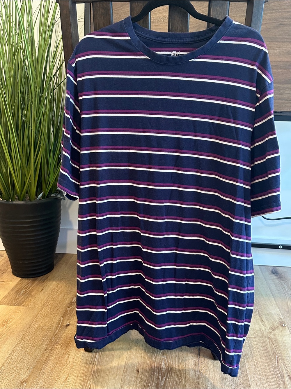 Men's Navy Striped Short Sleeve Crew Tee with Purple Accents